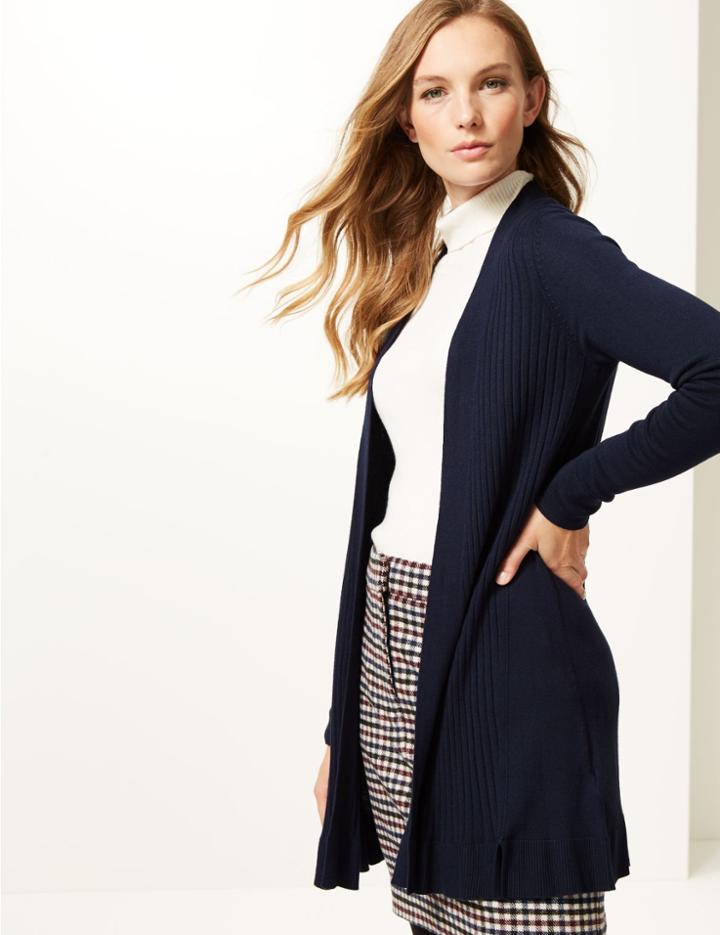 Marks & Spencer Textured Long Sleeve Longline Cardigan Navy