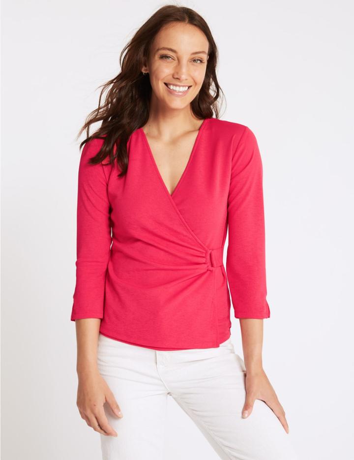 Marks & Spencer Textured V-neck 3/4 Sleeve Top Pink
