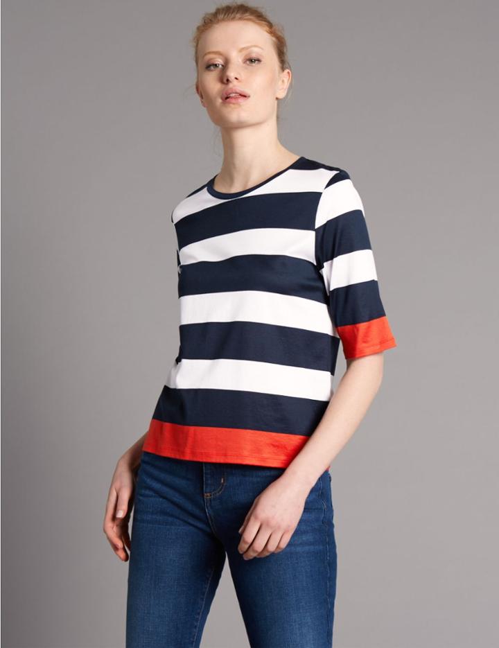Marks & Spencer Cotton Blend Striped Half Sleeve Jersey Top Navy Mix