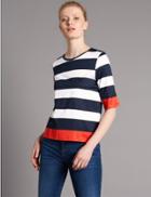 Marks & Spencer Cotton Blend Striped Half Sleeve Jersey Top Navy Mix