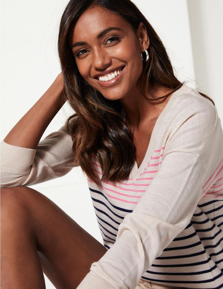 Marks & Spencer Oversized Pure Merino Wool Striped Jumper Oatmeal Mix