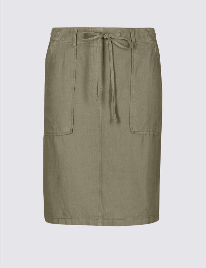 Marks & Spencer Linen Rich Patch Pocket Pencil Midi Skirt Khaki