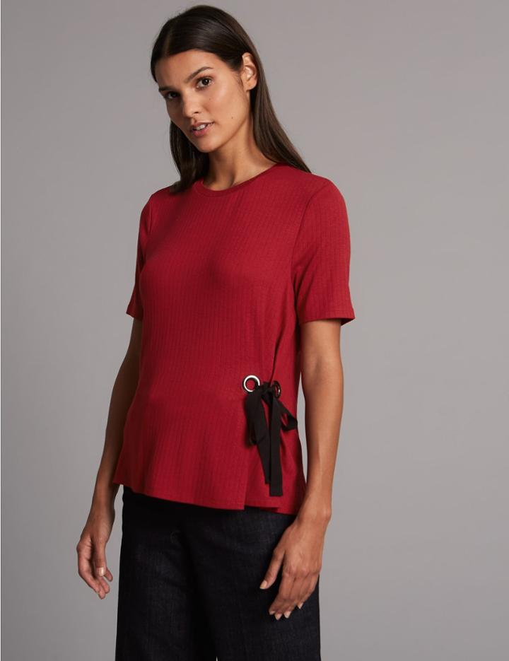 Marks & Spencer Ribbed Tie Side Short Sleeve T-shirt Burgundy