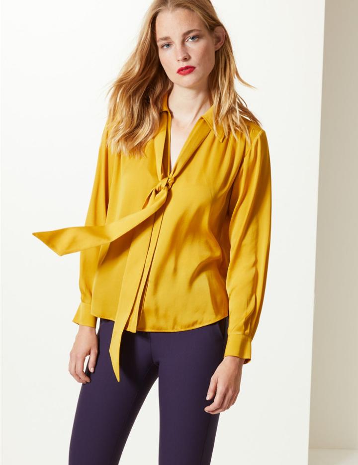 Marks & Spencer Satin Scarf Neck Shirt Yellow