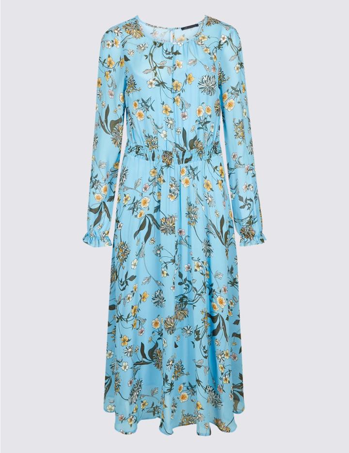 Marks & Spencer Floral Print Long Sleeve Skater Midi Dress Blue Mix
