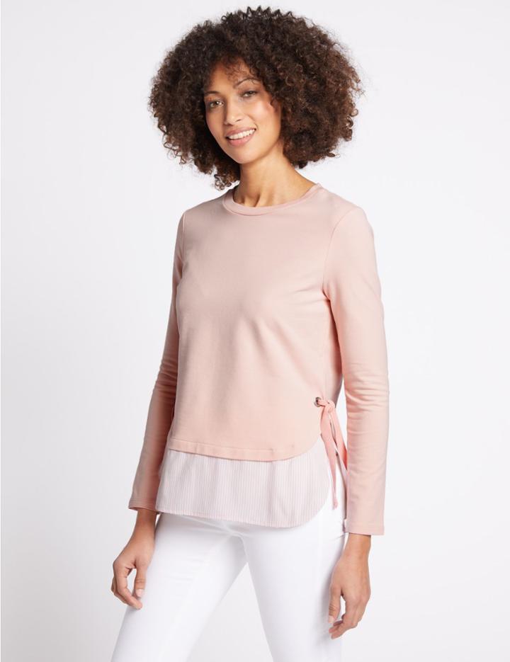 Marks & Spencer Cotton Rich Tie Side Long Sleeve T-shirt Pink Mix