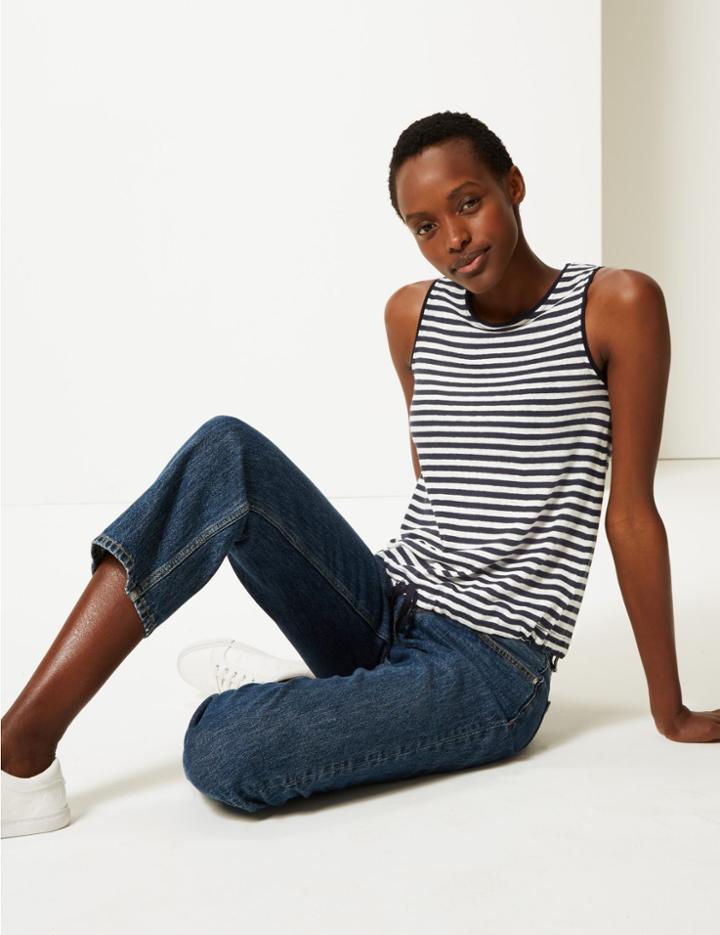 Marks & Spencer Linen Blend Striped Regular Fit Vest Top Navy Mix