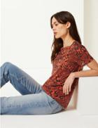 Marks & Spencer Animal Print Round Neck Relaxed Fit T-shirt Orange Mix