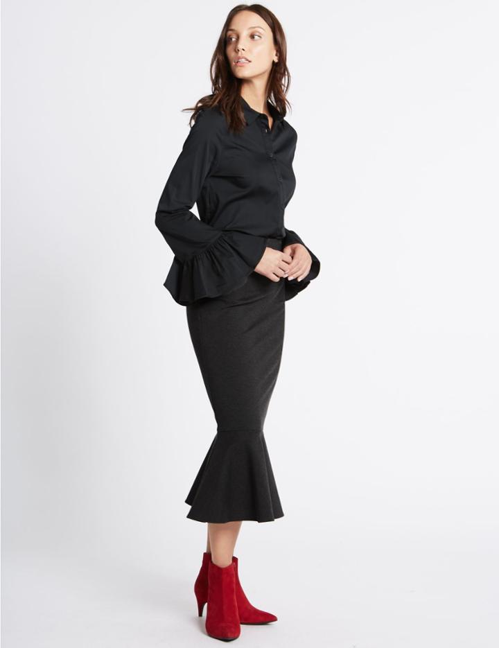 Marks & Spencer Fluted Hem Pencil Midi Skirt Grey Marl