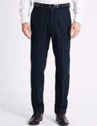 Marks & Spencer Regular Fit Linen Blend Flat Front Trousers Navy