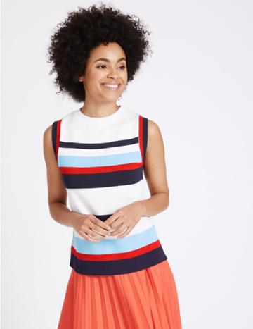 Marks & Spencer Striped Round Neck Sleeveless Jumper Ivory Mix