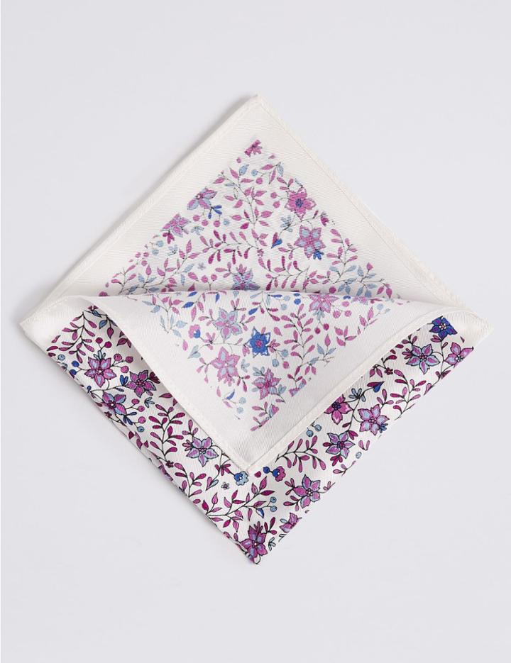 Marks & Spencer Pure Silk Ditsy Floral Print Pocket Square Ivory Mix
