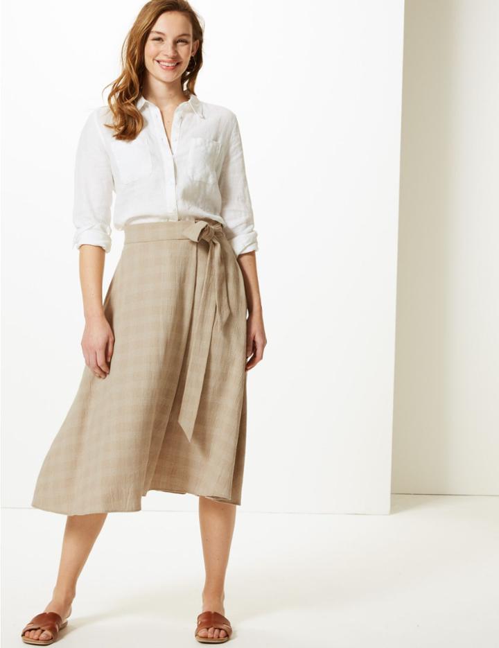 Marks & Spencer Checked Wrap Skirt Natural Mix