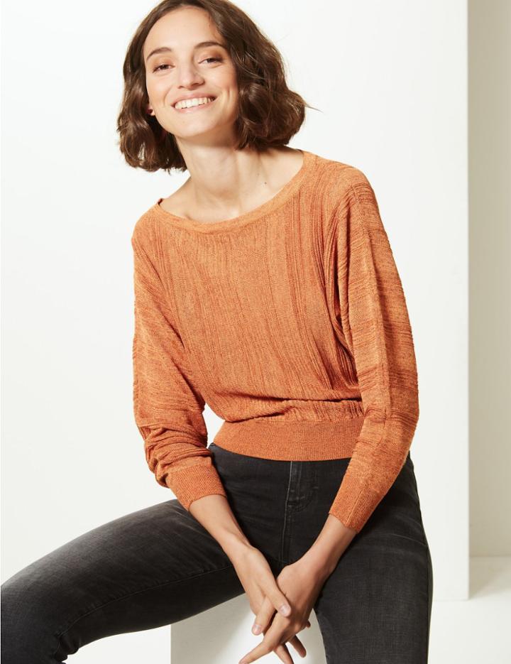Marks & Spencer Textured Slash Neck Jumper Orange Mix