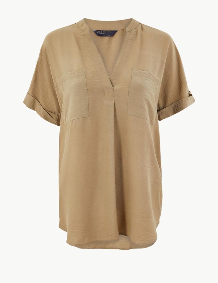 Marks & Spencer Petite V Neck Short Sleeve Blouse Honey