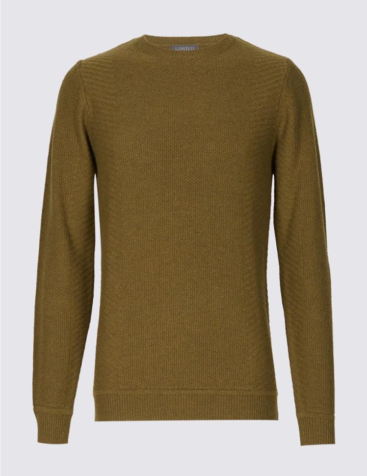 Marks & Spencer Cotton Blend Textured Crew Neck Jumper Dark Olive