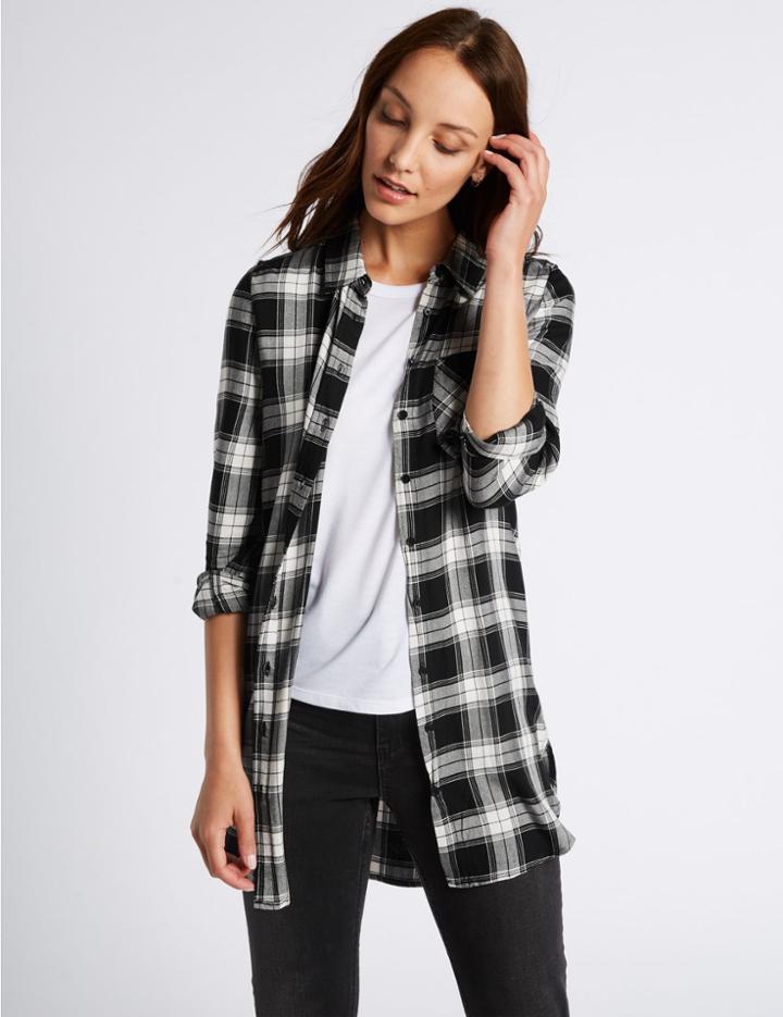 Marks & Spencer Longline Checked Long Sleeve Shirt Black Mix