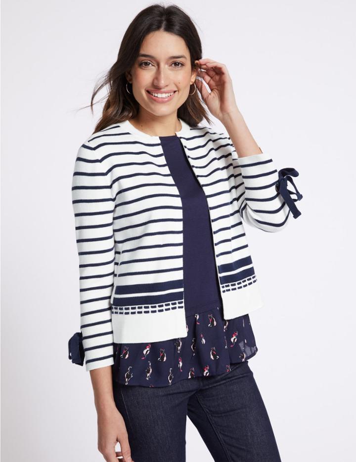Marks & Spencer Pure Cotton Striped Cuff Tie Cardigan Cream Mix