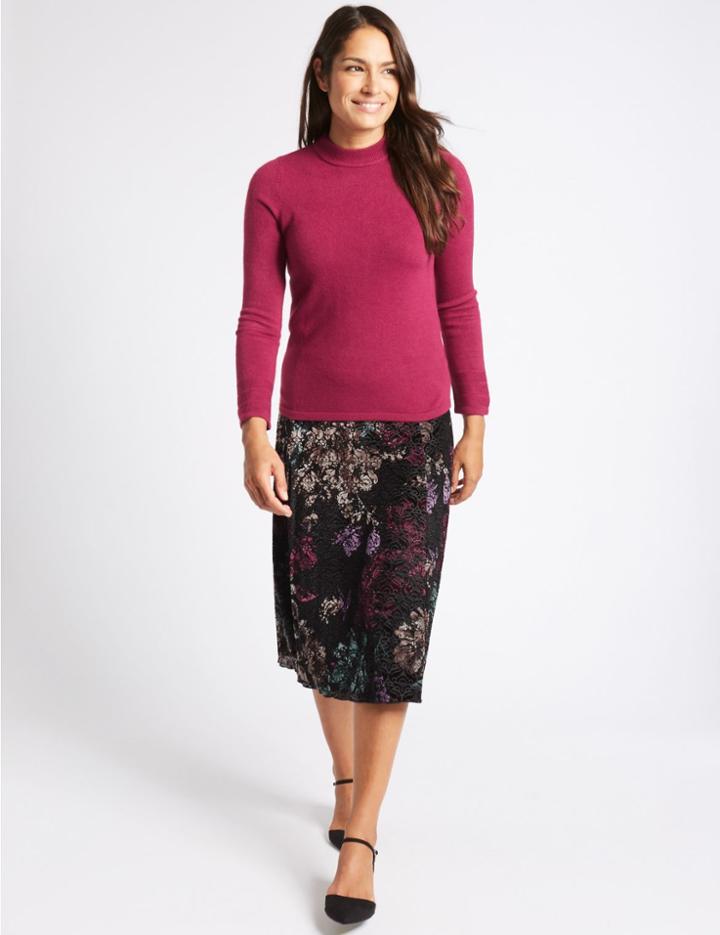Marks & Spencer Floral Print Devore A-line Midi Skirt Black Mix