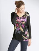 Marks & Spencer Floral Print V-neck Long Sleeve Jersey Top Black Mix