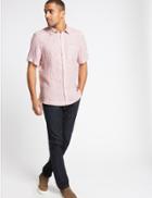 Marks & Spencer Pure Linen Striped Shirt With Pocket Coral Mix