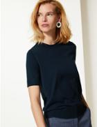 Marks & Spencer Round Neck Short Sleeve Knitted Top Navy