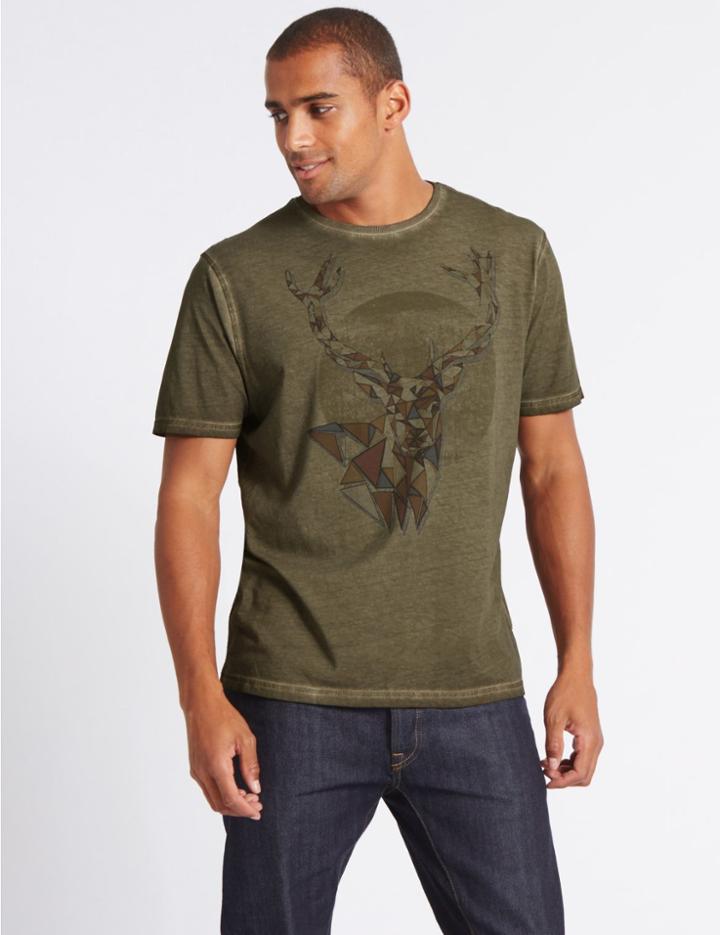 Marks & Spencer Pure Cotton Printed Crew Neck T-shirt Dark Khaki