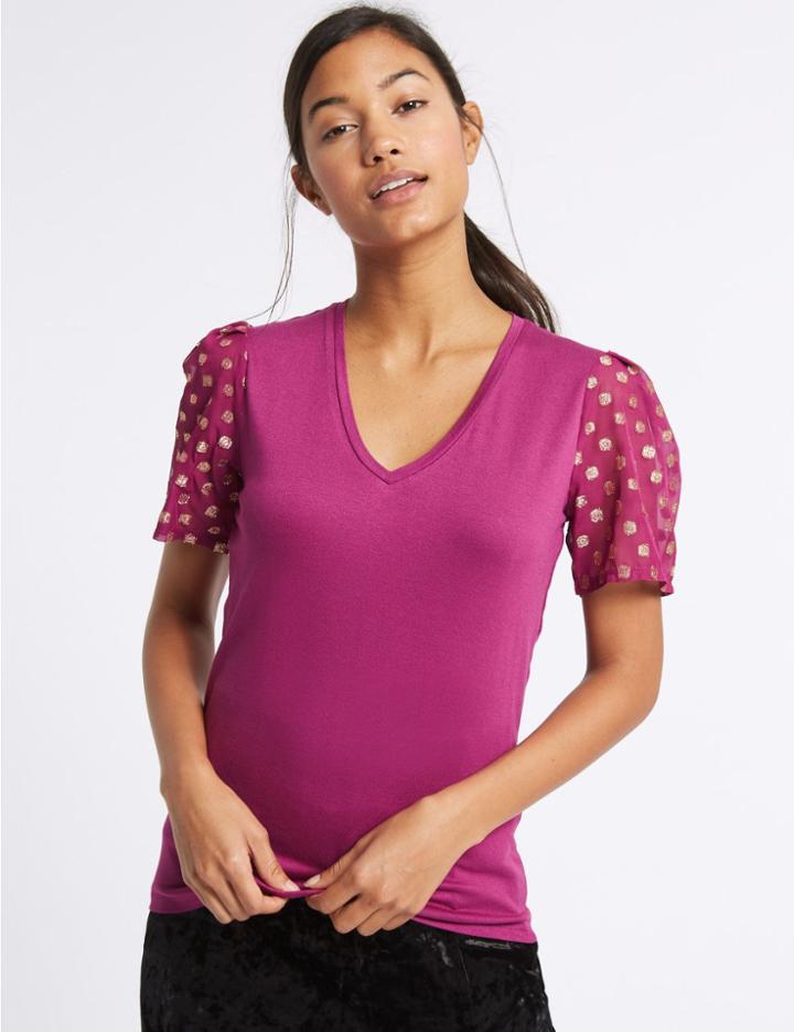 Marks & Spencer V-neck Spot Sleeve T-shirt Magenta