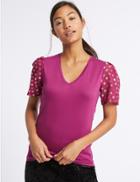 Marks & Spencer V-neck Spot Sleeve T-shirt Magenta