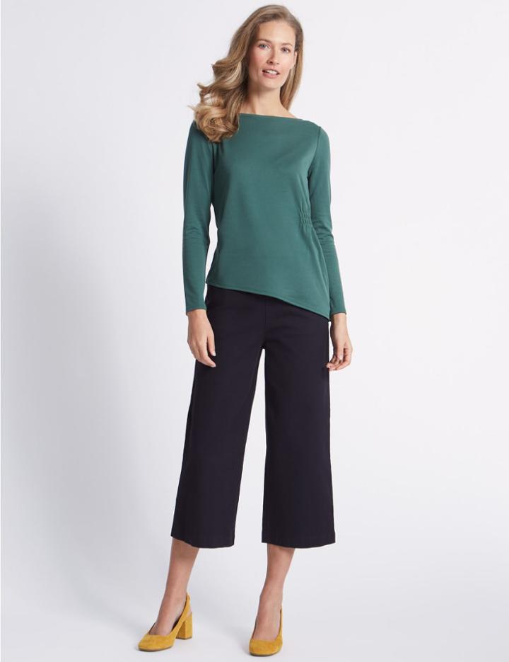 Marks & Spencer Cotton Rich Cropped Flared Trousers Navy