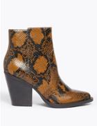 Marks & Spencer Leather Snakeskin Print Western Ankle Boots Brown Mix