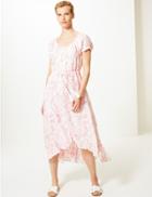 Marks & Spencer Pure Linen Animal Print Waisted Midi Dress Light Pink Mix