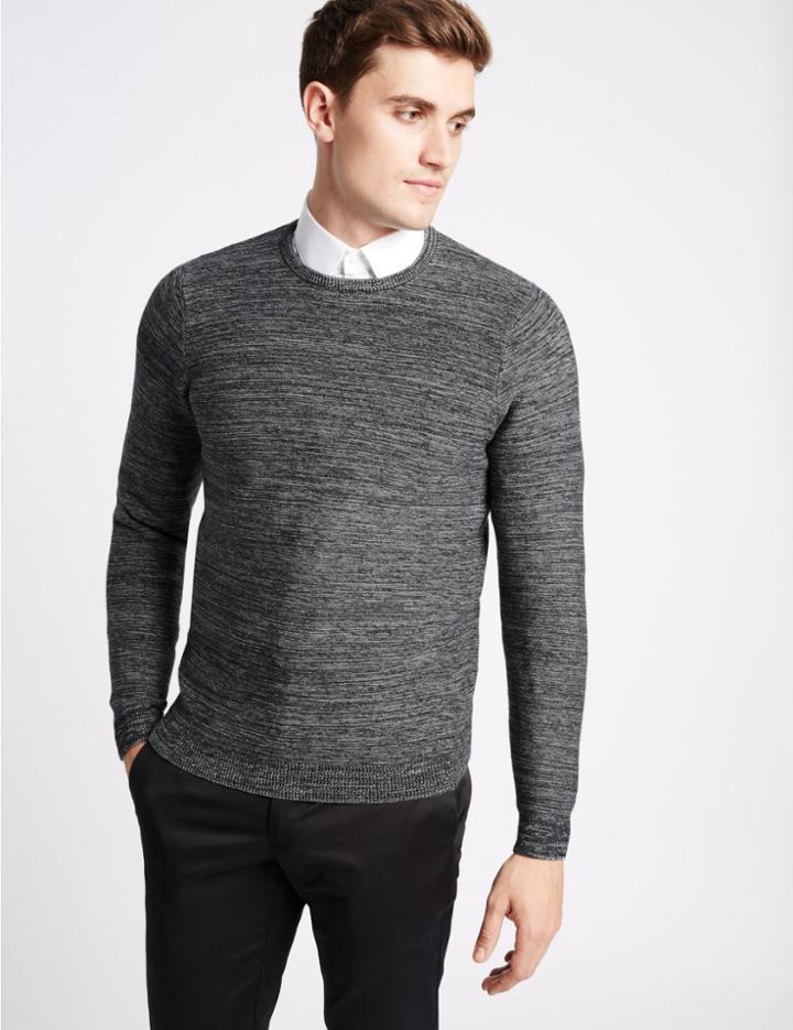 Marks & Spencer Pure Cotton Textured Slim Fit Jumper Dark Grey Mix