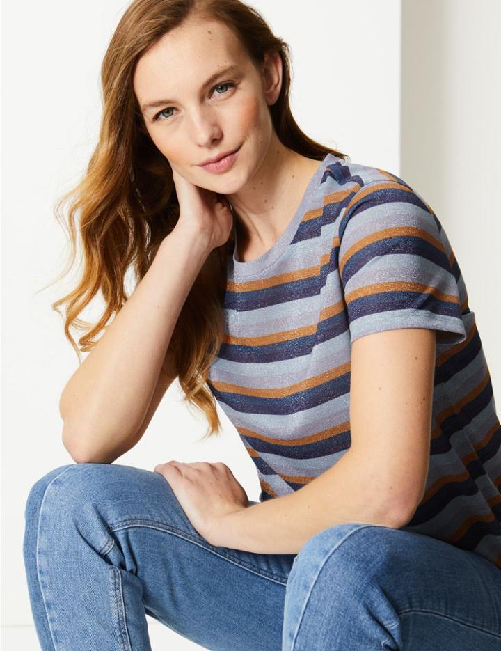 Marks & Spencer Sparkly Striped Short Sleeve T-shirt Multi