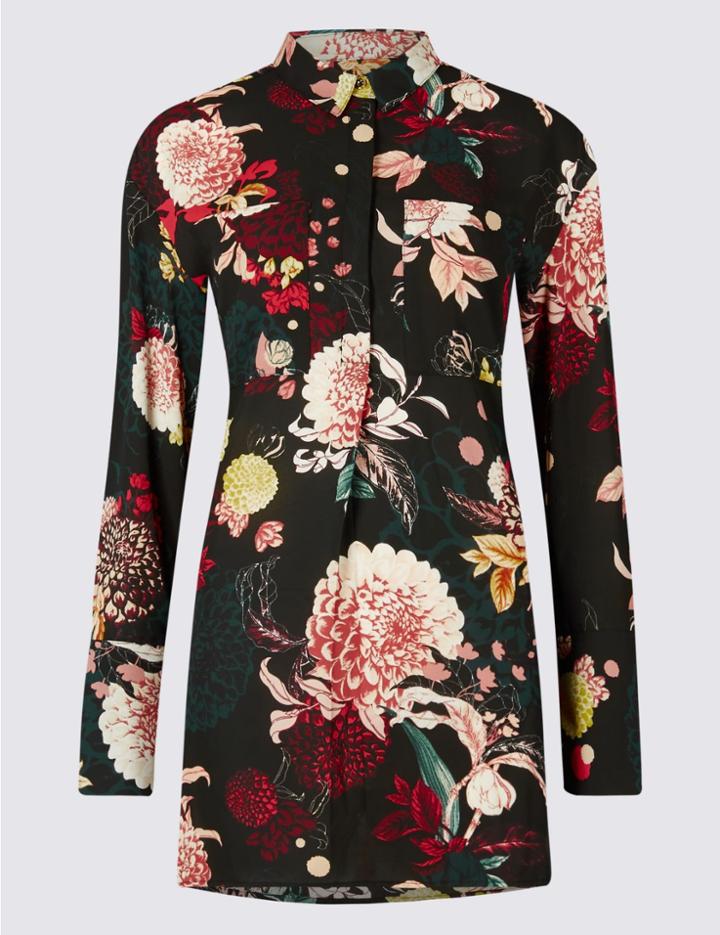 Marks & Spencer Printed Longline Long Sleeve Shirt Black Mix