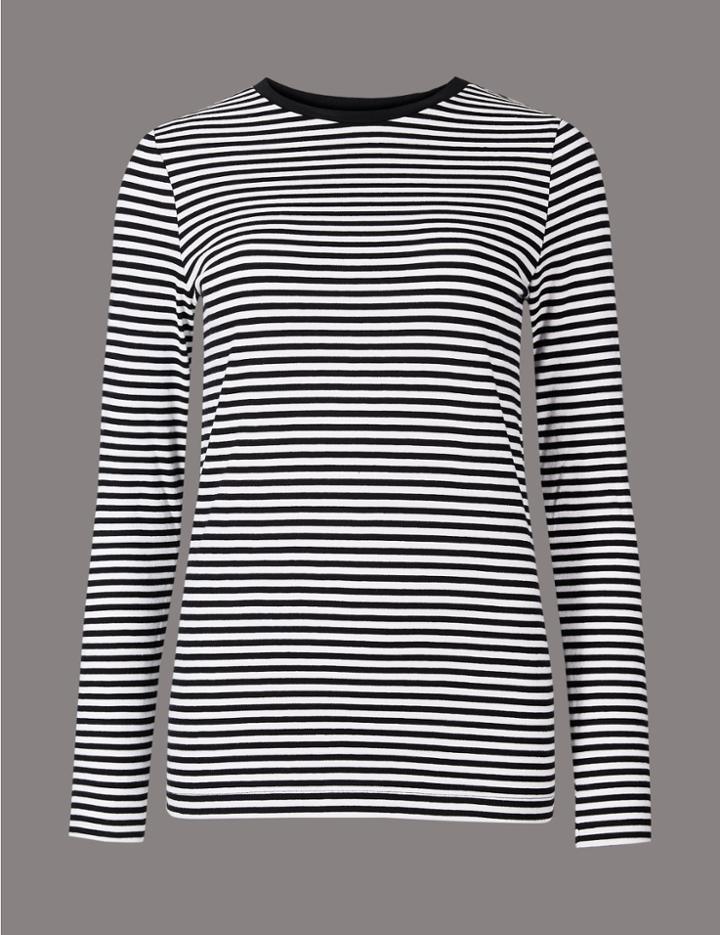 Marks & Spencer Pure Cotton Striped Long Sleeve Top Black Mix