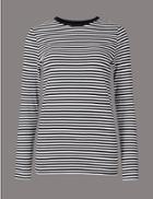 Marks & Spencer Pure Cotton Striped Long Sleeve Top Black Mix