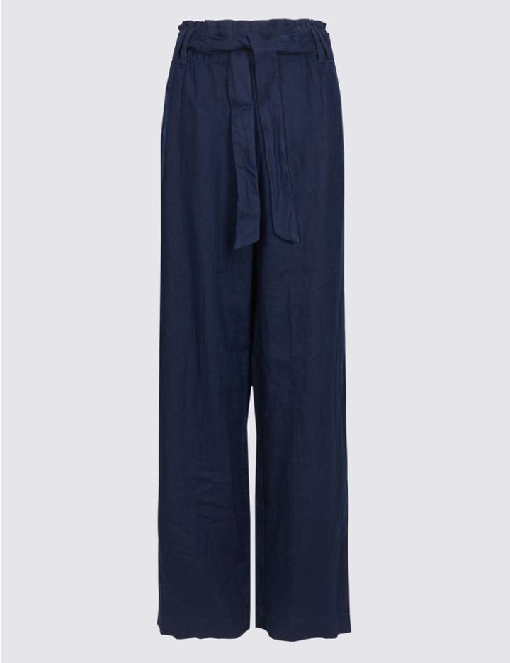 Marks & Spencer Pure Linen Wide Leg Flared Trousers Navy