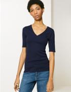Marks & Spencer Pure Cotton V- Neck Regular Fit T-shirt Navy