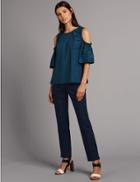 Marks & Spencer Cotton Rich Pintuck Slim Leg Trousers Navy