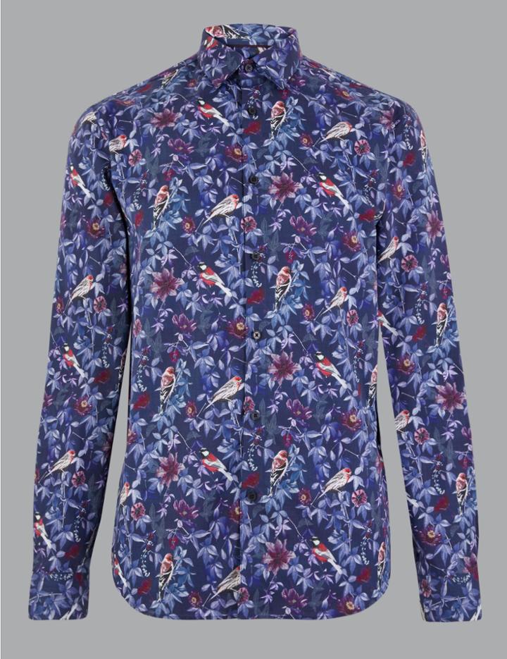 Marks & Spencer Cotton Bird Print Slim Fit Shirt Navy Mix