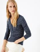 Marks & Spencer Floral Fitted Long Sleeve Top Navy Mix