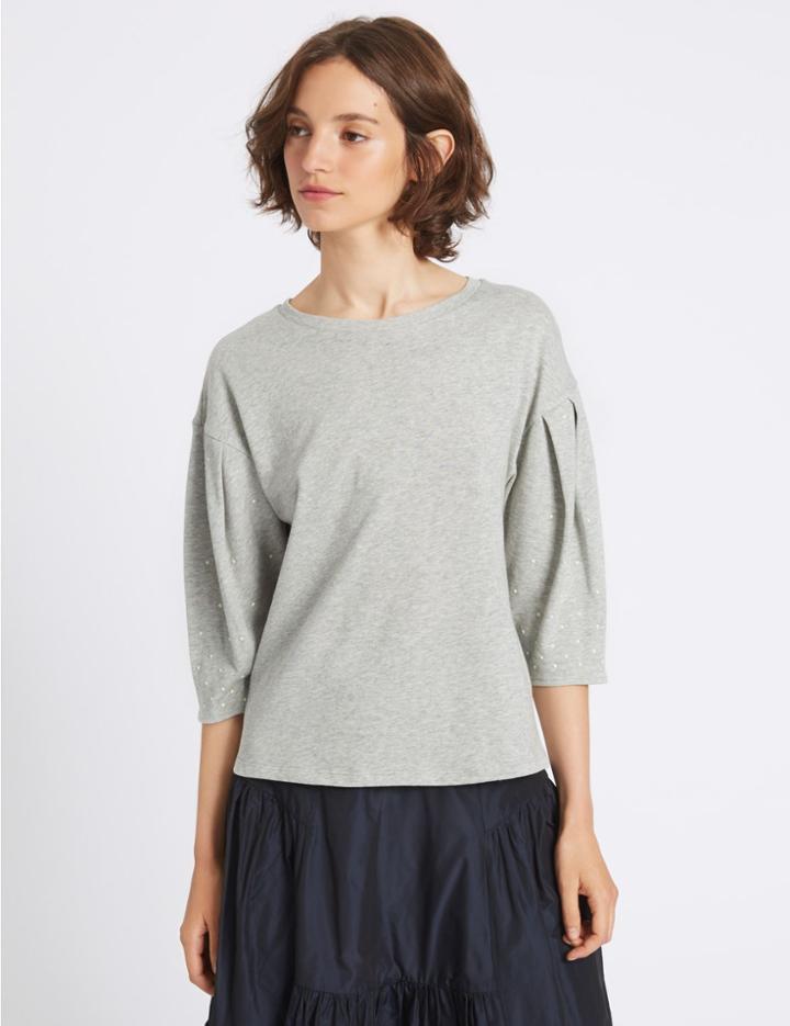 Marks & Spencer Pure Cotton Round Neck Pearl Sleeve T-shirt Grey Marl
