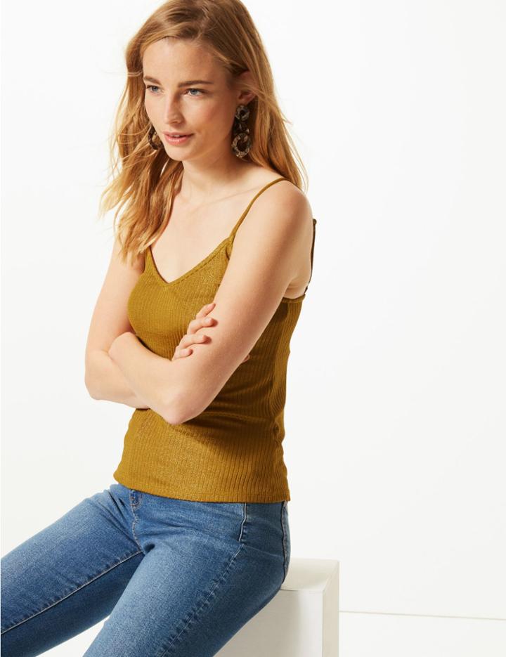 Marks & Spencer Sparkly Ribbed V-neck Vest Top Gold