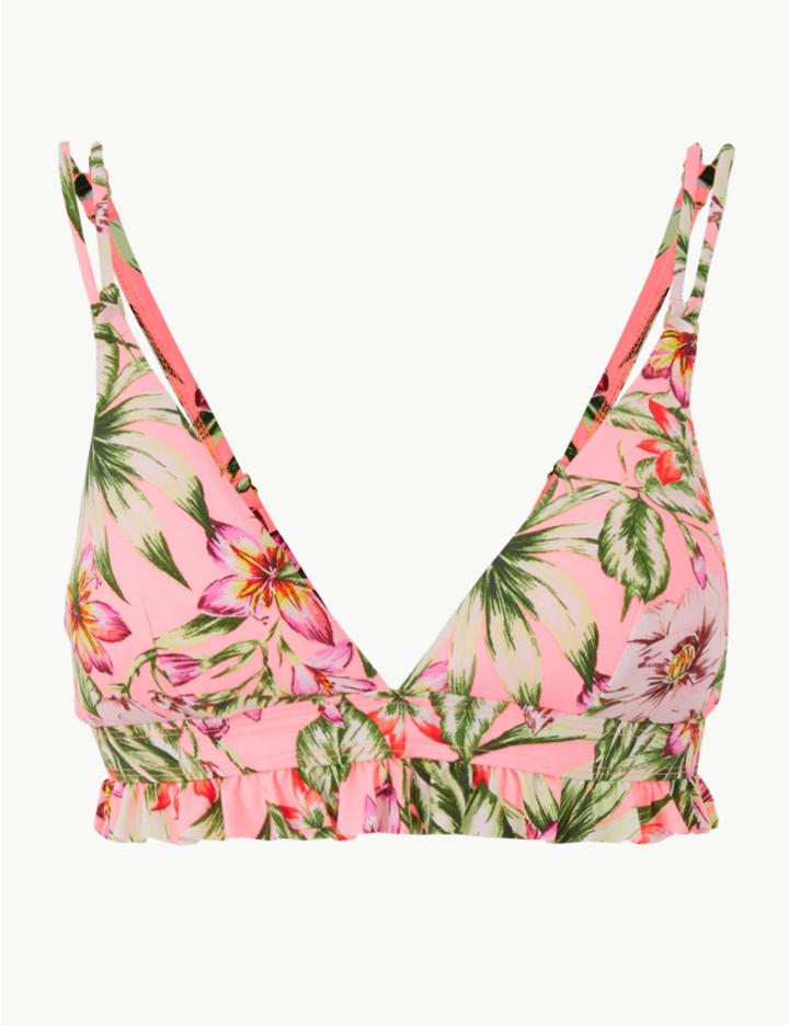 Marks & Spencer Floral Print Frill Plunge Bikini Top Coral Mix