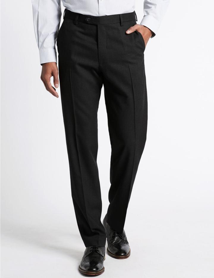 Marks & Spencer Tailored Fit Pure Wool Flat Front Trousers Dark Charcoal