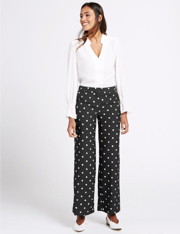 Marks & Spencer Satin Back Crepe Spotted Wide Leg Trousers Black Mix