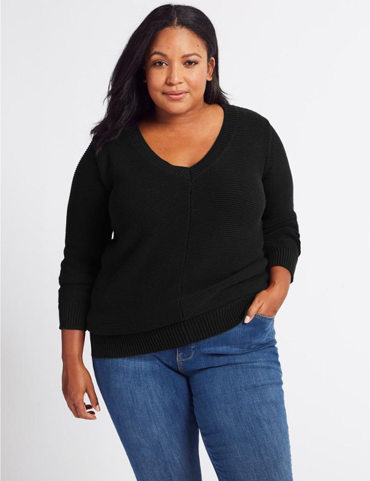 Marks & Spencer Curve Pure Cotton Textured V-neck Jumper Black