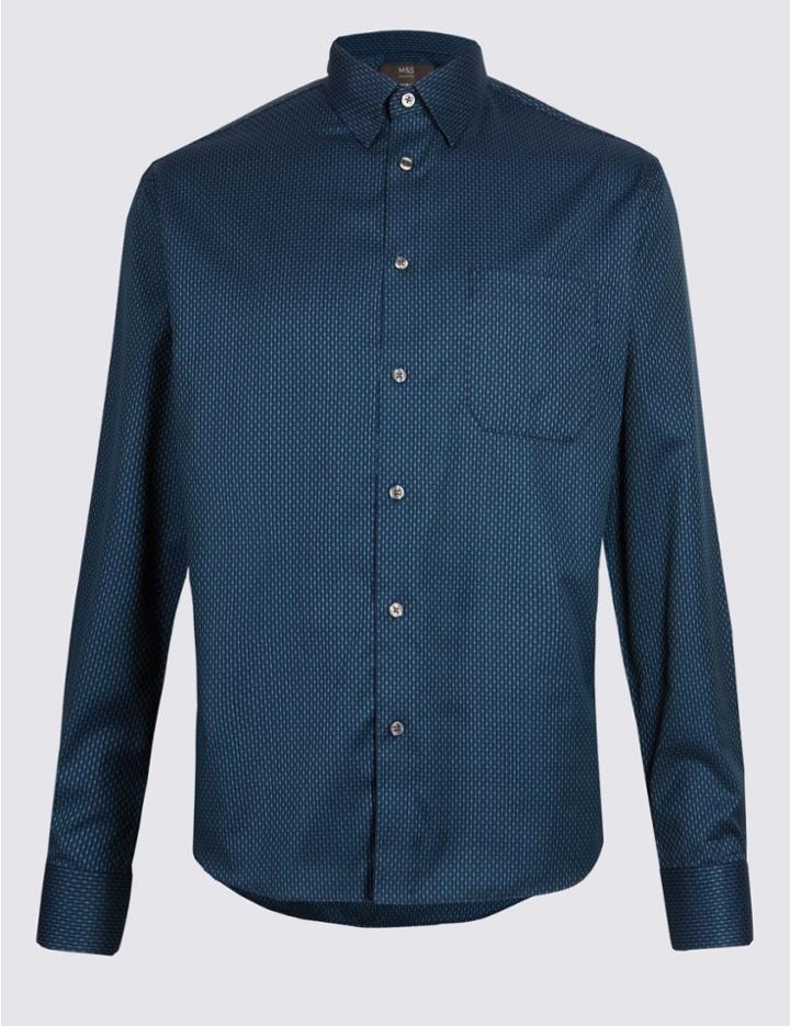 Marks & Spencer Pure Cotton Textured Shirt With Pocket Dark Teal