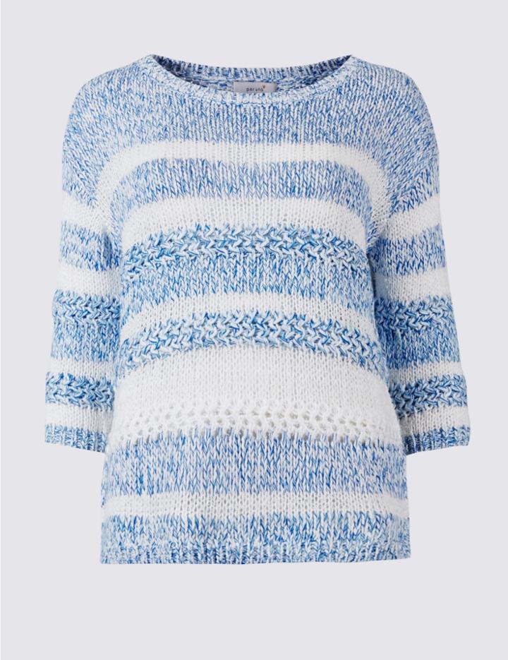 Marks & Spencer Cotton Blend Striped Round Neck Jumper Medium Blue Mix